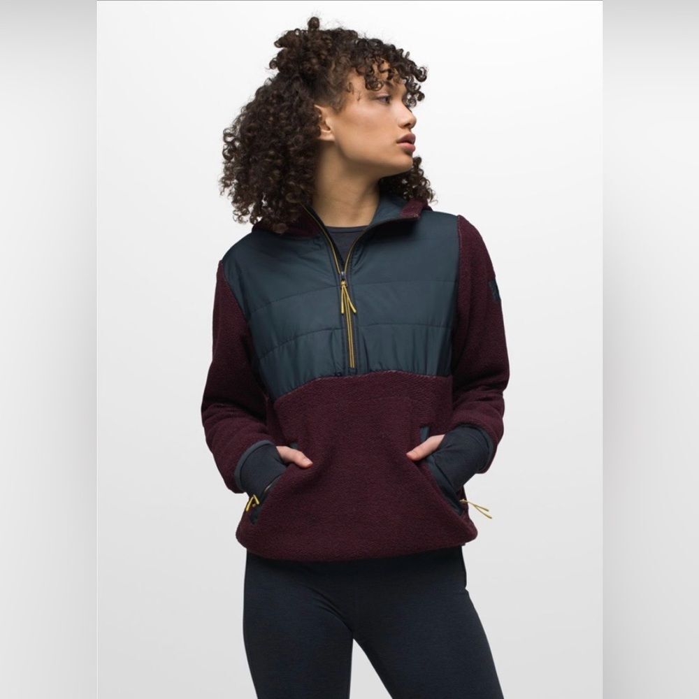 PRANA Women’s Incrediwool 1/2 Zip Hoodie Sz S Burgundy Outdoor Granola Girl